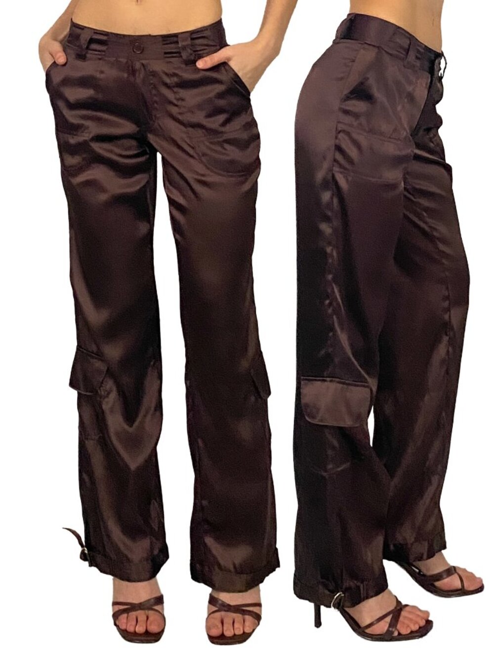 2000s y2k chocolate brown satin mid rise cargo pants
